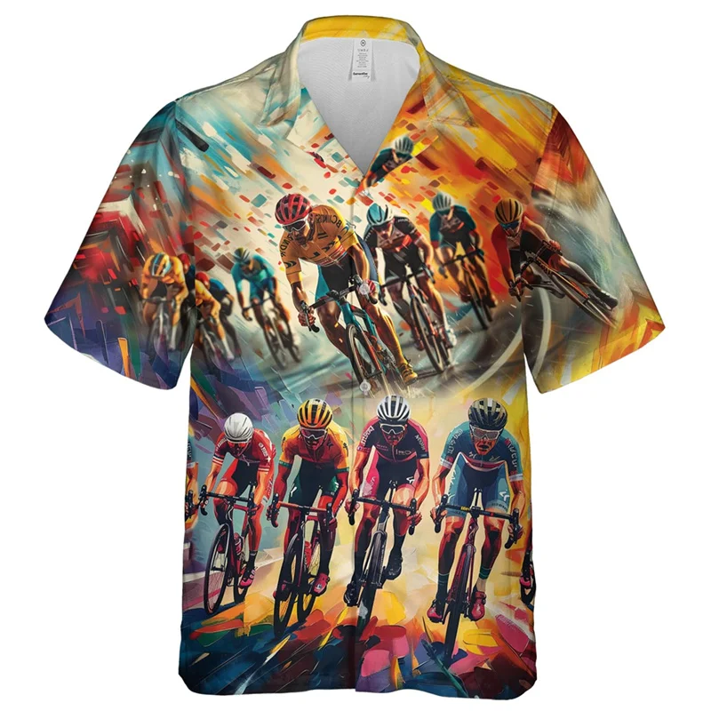 3D Printed Bicycle Cycling Tour Hawaiian Shirt Men Bike Pattern Aloha Shirts Unisex Loose Blouses Lapel Tops Sport Short Sleeve