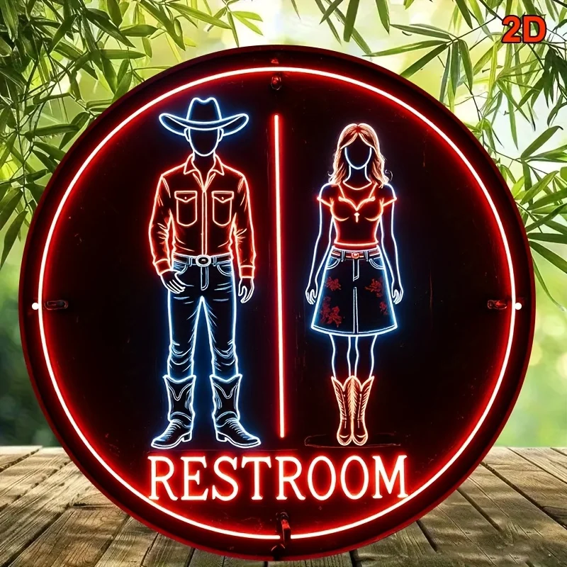 Western Cowboy Neon Sign 8x8 Inch Round Aluminum Wall Art Durable Retro Bar Pub Cafe Bathroom Decor