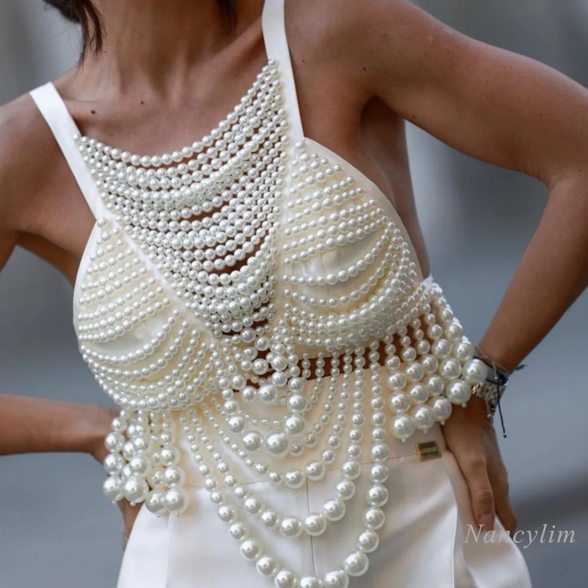 

European and American Pearls Body Chains Camisole Woman Pearl Vest Bridal Dress Ins Blogger Wear Accessory Y2K Top 2024