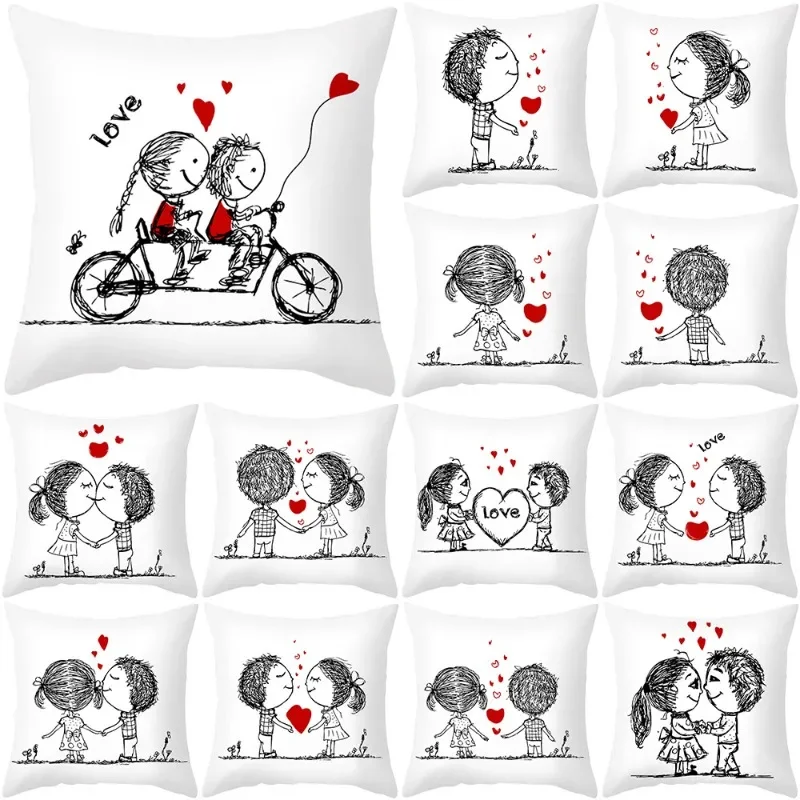 2024 New Fashion Valentine's Day Pillowcase Cover Peach Skin Print Couple Love Heart Sketch Pillow Cushion Whloesale 45X45CM