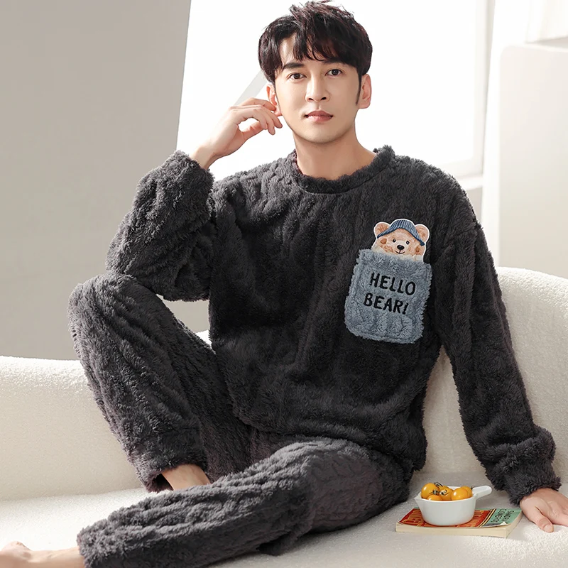 Newest Men Pajamas Set Winter Thick Warm Flannel Pyjama Male Cute Cartoon Sleepwear Casual Pyjama