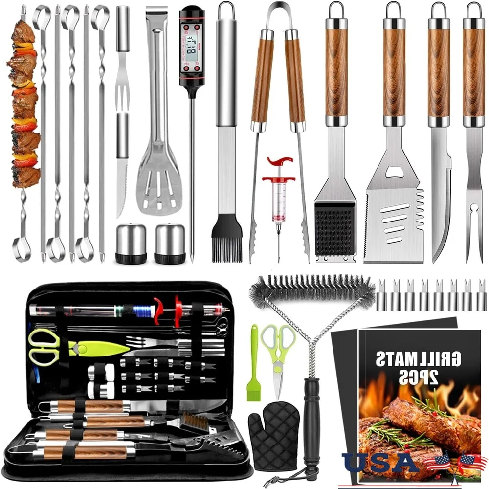 

34Pcs Heavy Duty BBQ Grill Accessories Set Stainless Steel Tools with Meat Injector Thermometer Grill Mats Corn Holders Skewers