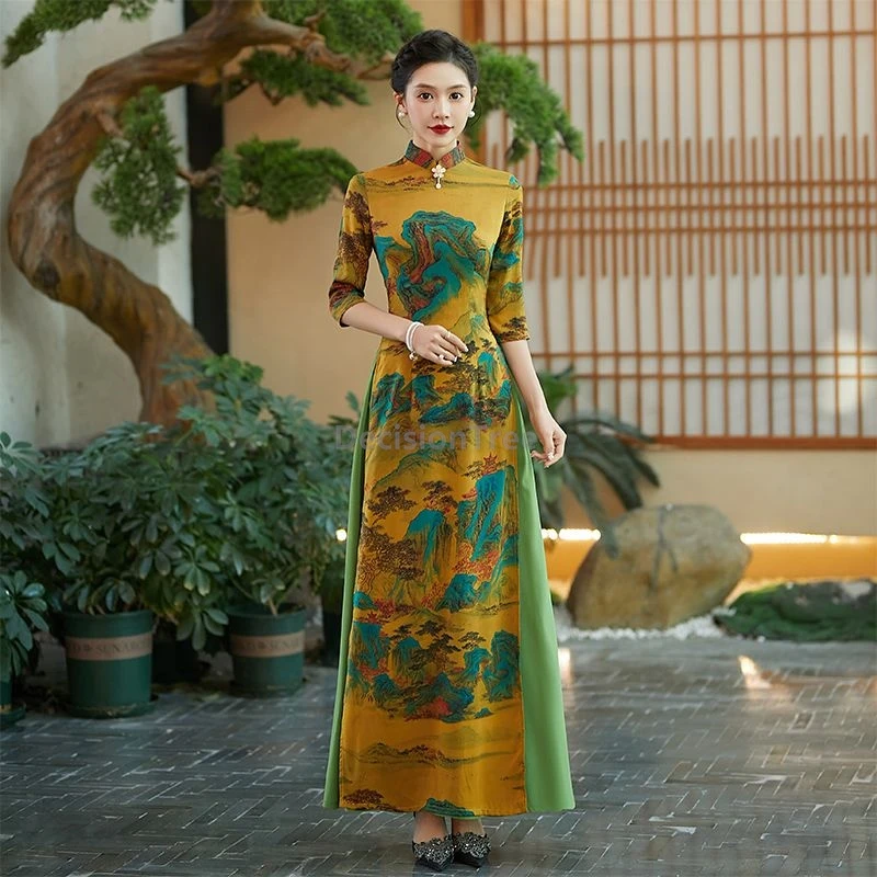 

2025 classical printed high end vietnam aodai elegant temperament improved lady party qipao advanced sense fashionable cheongsam