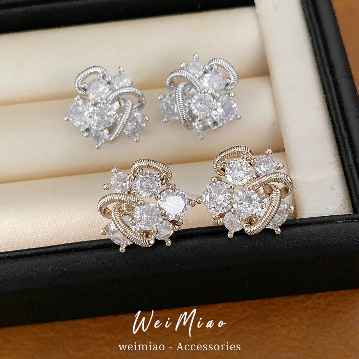 Twisted Wire Swirl Cluster Zircon Stud Earrings Shiny Silver Gold Plated Geometric Statement Wedding Party Ear Jewelry Women