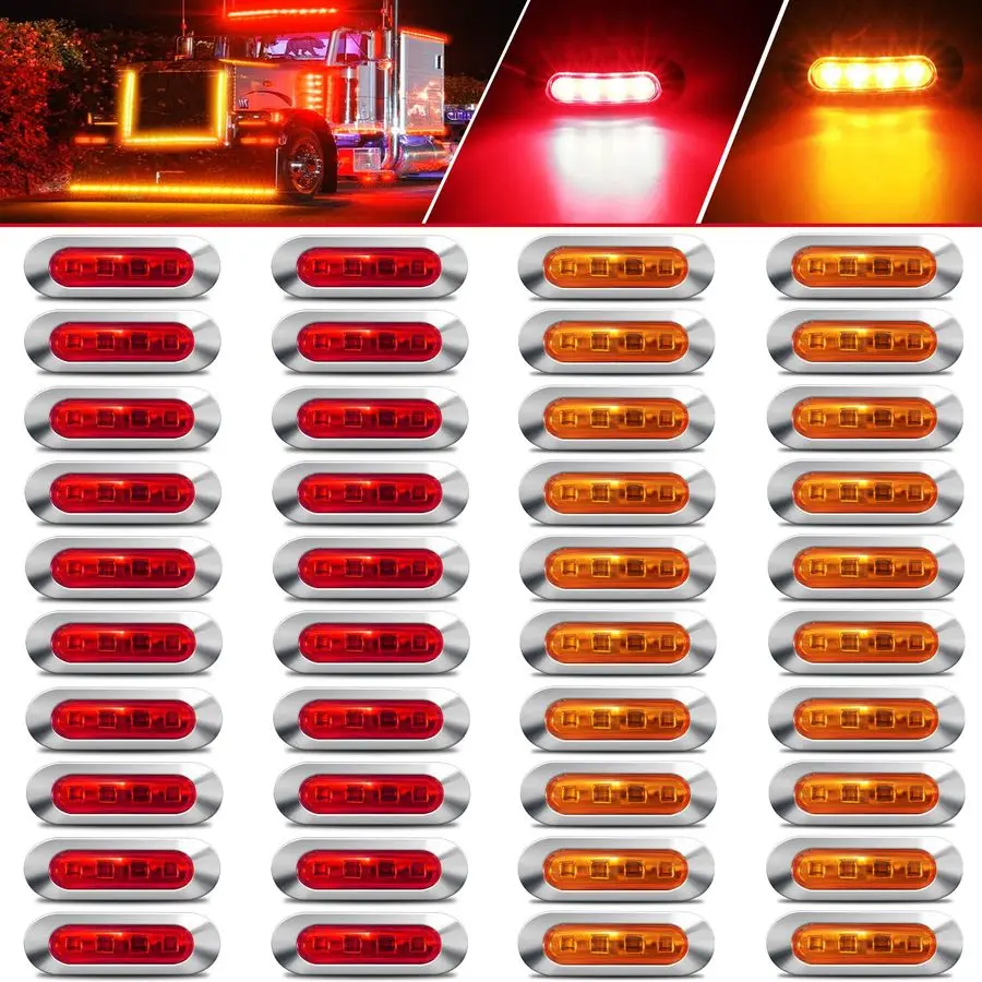 

40PCS 20Amber20Red DC12V24V LED Side Marker Indicator Lights Trailers Lights Lamp Front Rear Tail Clearance Lamp with Chrome Bez