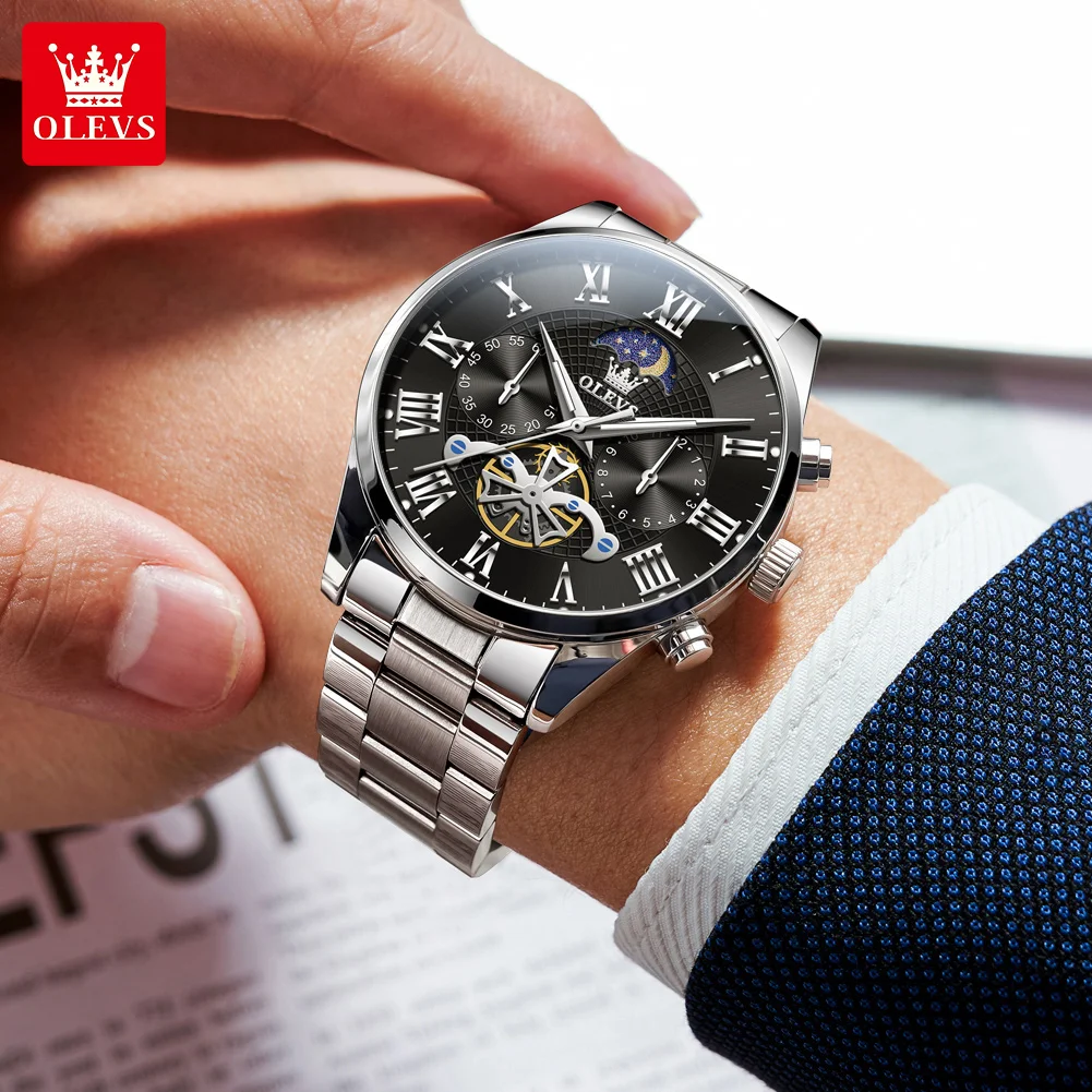OLEVS 3640 Flywheel Chronograph Men's Watches Classic Moon Phase Waterproof  Luminous Original Quartz Wristwatch for Man