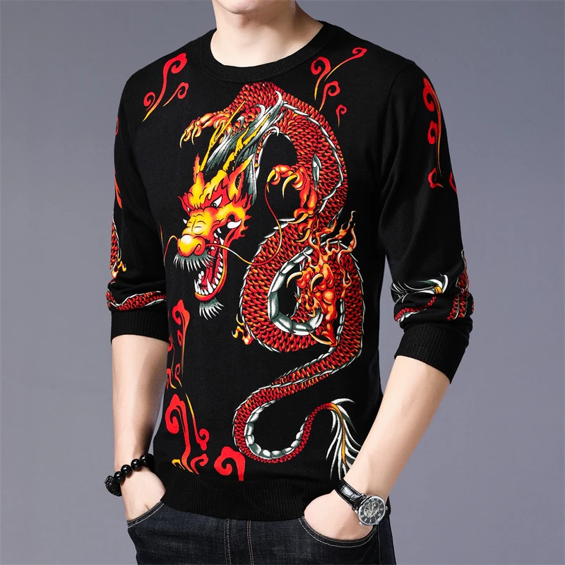 Chinese Dragon 3D Print Pullovers Sweaters For Men Casual Luxury Autumn New Fashion Quality Easy Care Elastic Knitted Pull Homme