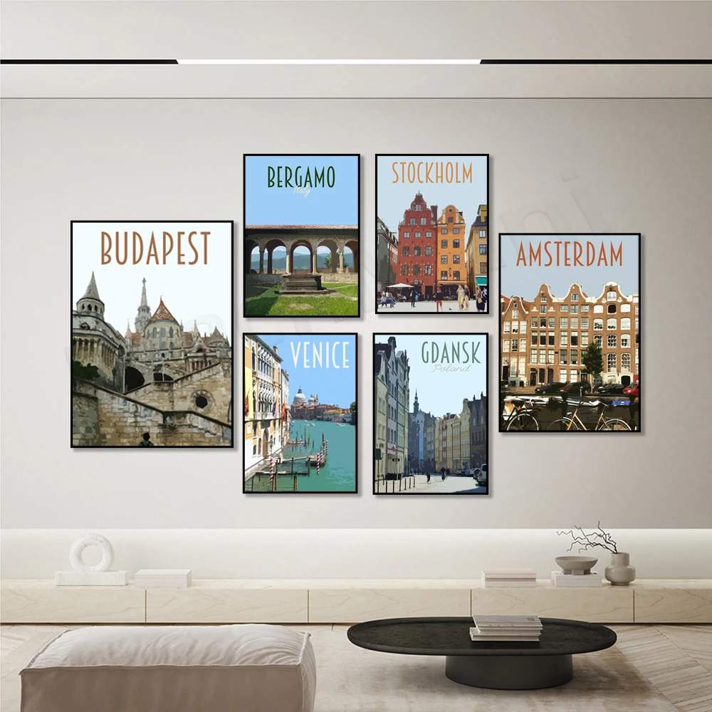 Bergamo Italia, Oslo Norvegia, Roma, Gdansk, Oia Santorini, Stoccolmo, Sarajevo, Venezia, Amsterdam, Berlino Germania poster di viaggio