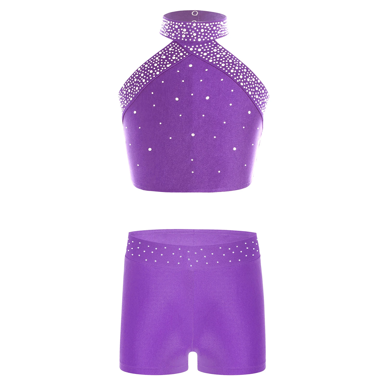 Kids Girls Ballet Dance Outfit Figure Skating Dress Halter Neck Tanks Shiny Rhinestones Shorts Children Gymnastics Dancewear Set