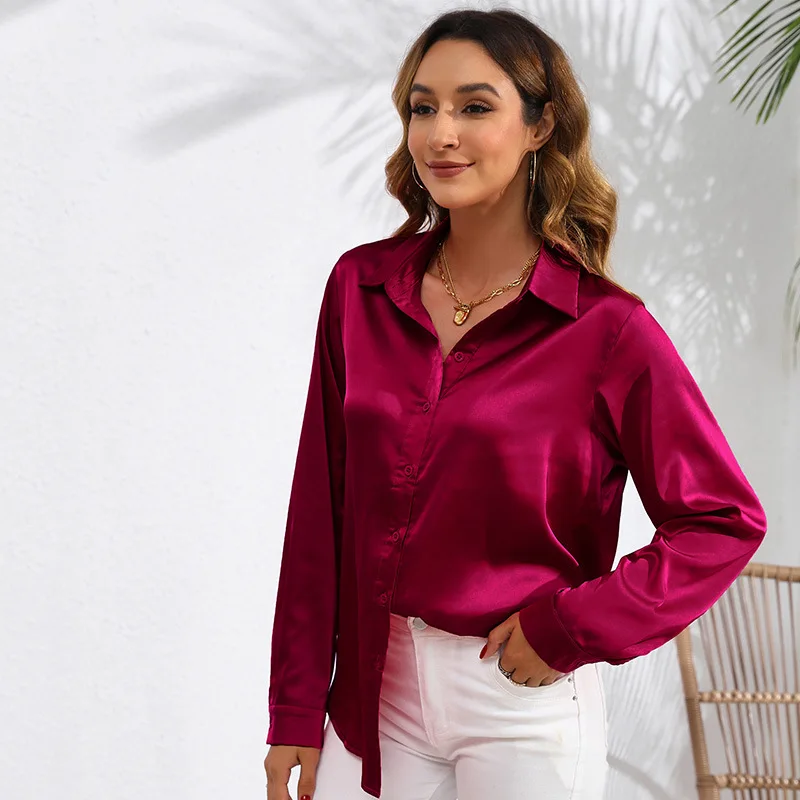 

Spring Autumn Pure Color Silk Long Sve Women's irt Casual Loose Fit Faionable Cross-Border Sle Color Blouse