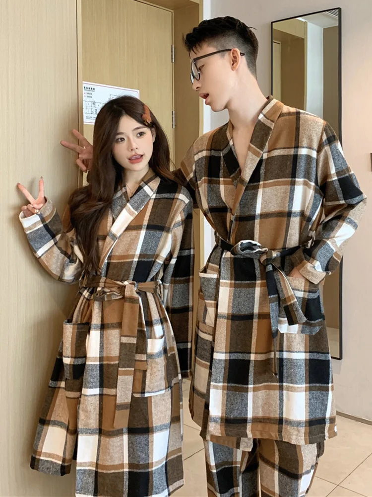 

New Lovers Home Warm Korean Plaid Long Sleeve Nightgown Women Loose Plaid Winter Thicken Couple Elegant Casual Sleepwear Ins