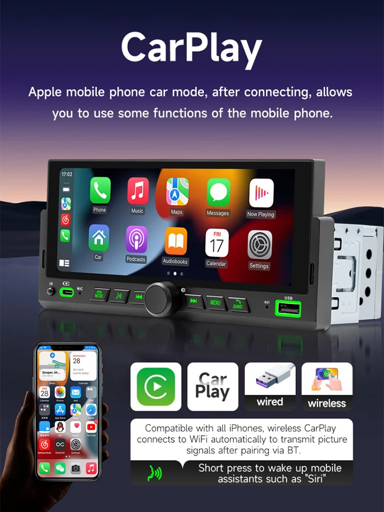 KENAVI 1Din 6.86'' Wireless CarPlay Android Auto IPS Touch Screen Universal Car Radio AM FM Stereo MP5 Multimedia GPS Player