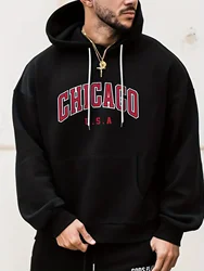 Men's autumn and winter casual fashion Chicago USA printed loose oversized sports comfortable fleece warm hooded sweatshirt