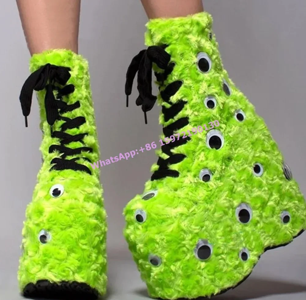 

Pink Green Plush Eyes Ankle Boots Funny Hotties Round Toe Wedges Platform Cross Tied Shoes Ladies Winter Sexy Punk Shoes