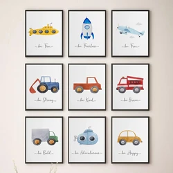 Cartoon Engineering Vehicle Aircraft Poster Print Be Brave Be Strong Kindergarten Canvas Painting Wall Art Kids Room Home Decor