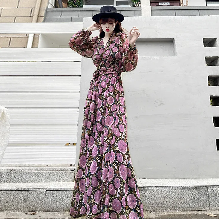 Extra Long Vestidos Dress V Neck Korean New Floral Battle Split Dress Fall Women Sexy Long Sleeve Vintage Waisted Summer Dresses