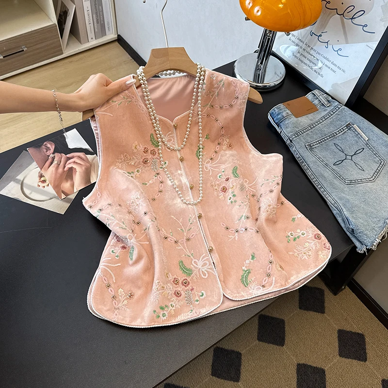 Ceco de Mujer de Manga Corta con Bordado Pesado Estilo Chino Nuevo, Novedad de Otoño, Sensación Premium, Sin Tirantes, Est...