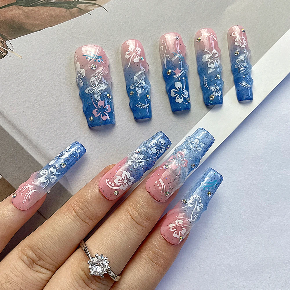 Diy Flower Hottie Handmade Long Square Press On Nails Pink Blue Gradient Sparkly Diamond Wearable Art Nail Bracelet Ring Set