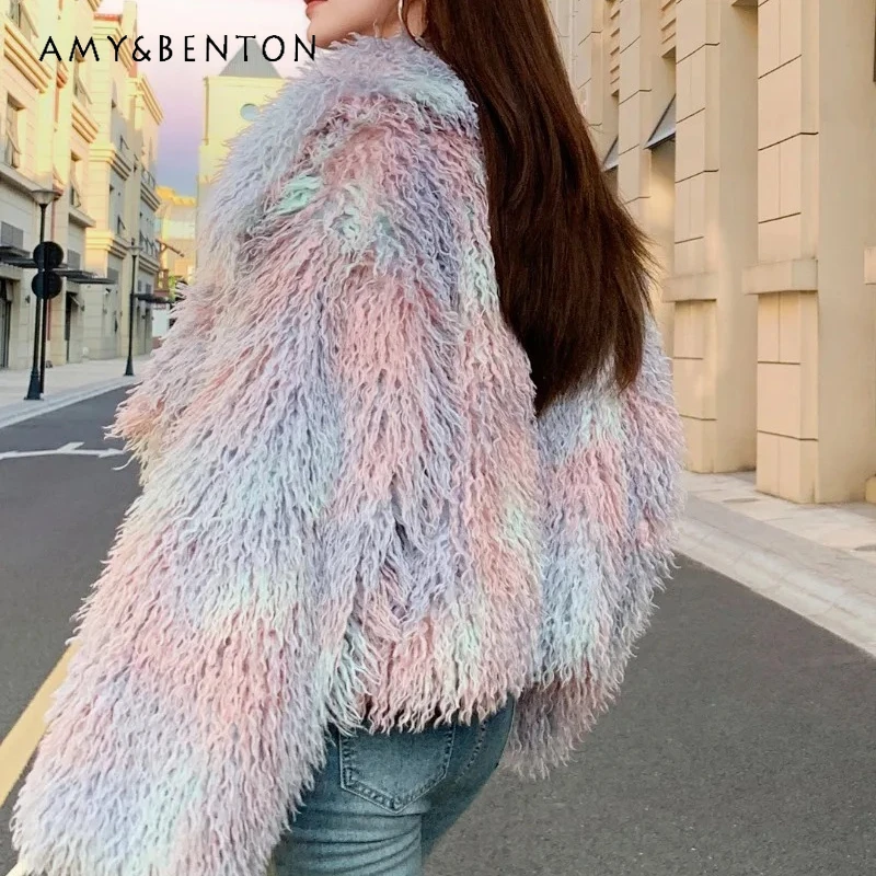 الشتاء شعبية الوردي مصبوغ وأشار طوق فو الفراء معطف الصوف طويل بدلة قصيرة التلبيب معطف المرأة Y2k سترة صوفية مريحة #3