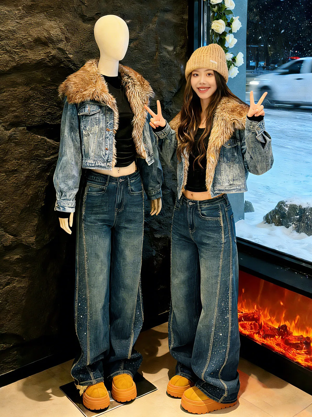 Modieuze Thiened denim jeans met rechte pijpen, dames winterbroek met hoge taille, draperende wijde pijpen, casual broek met hoge taille