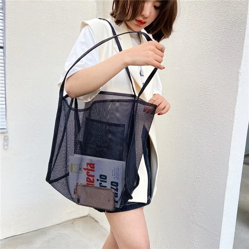 Women Mesh Beach Travel Shoulder Bag Large Capacity Casual Totes for Holding Toys Grocery Picnic Ladies Handbag Shopping Bag