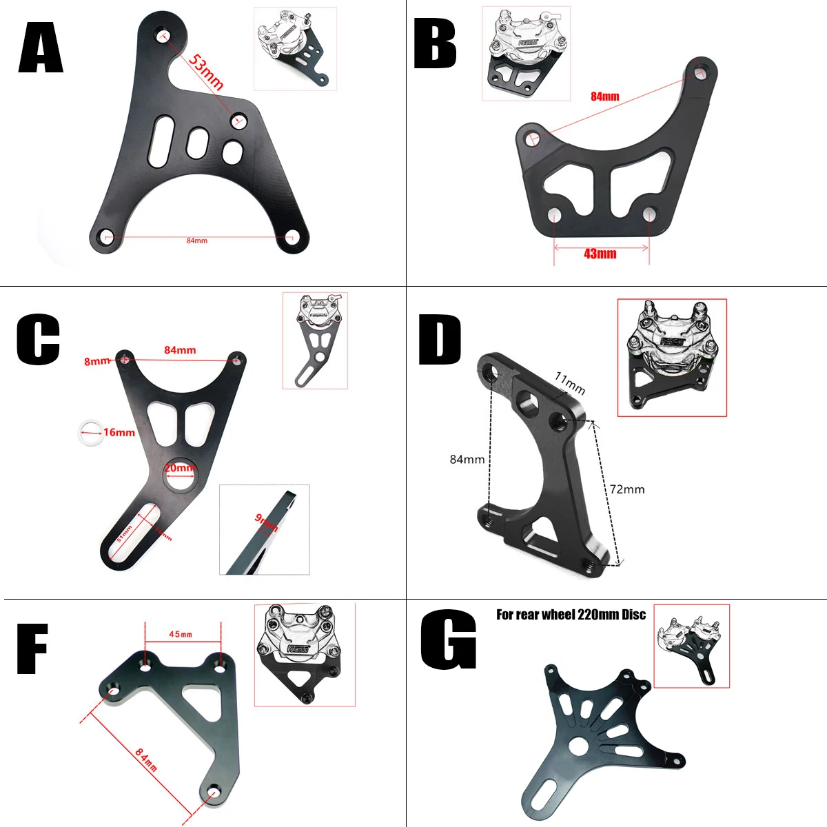 Bracket Adapter for 84mm Brake Caliper for 200mm Disc or 220mm Disc Rotor front wheel or rear wheel