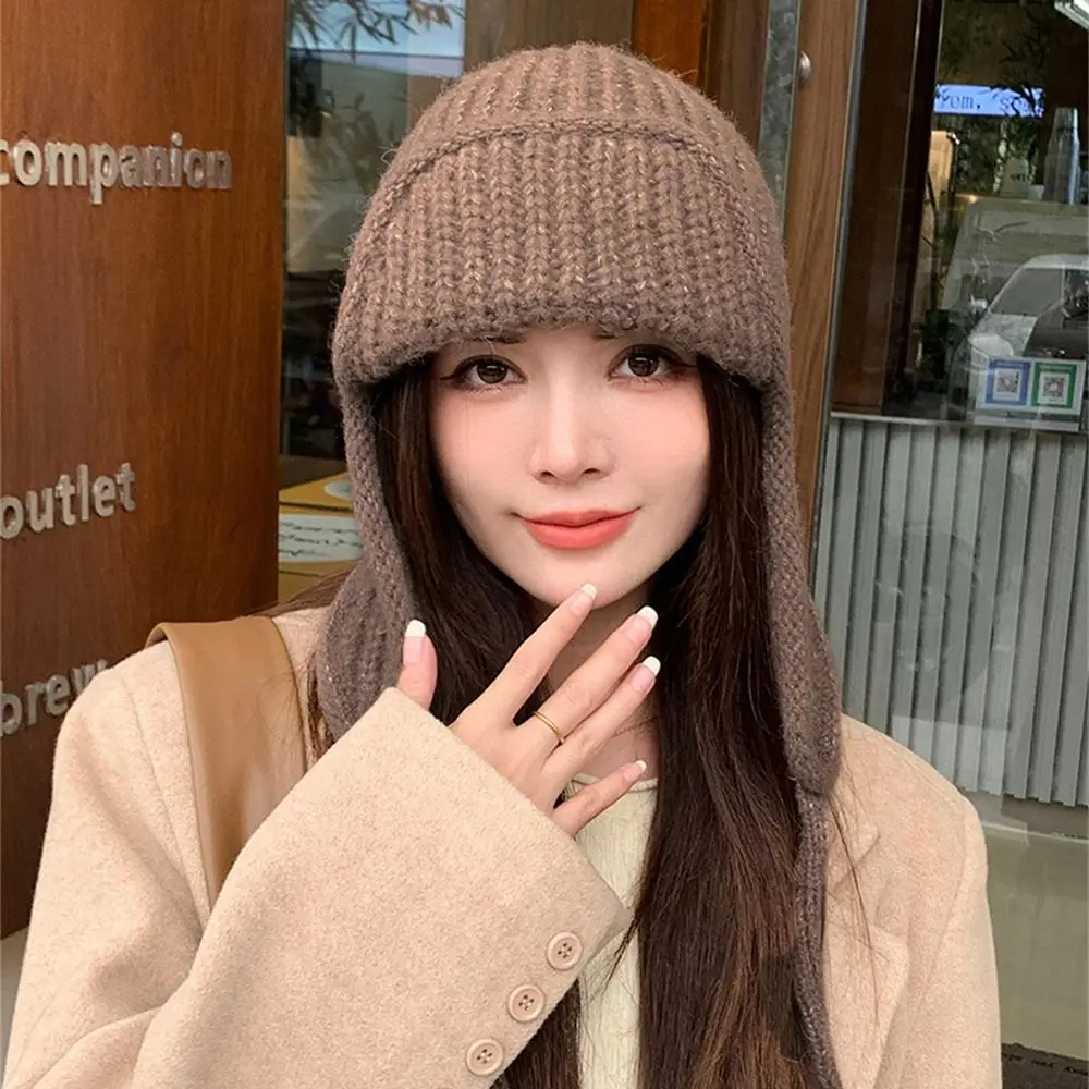 Casual Solid Color Knitted Hat Thickened Winter Warm Bonnet Caps Ear Protection for Women Girls