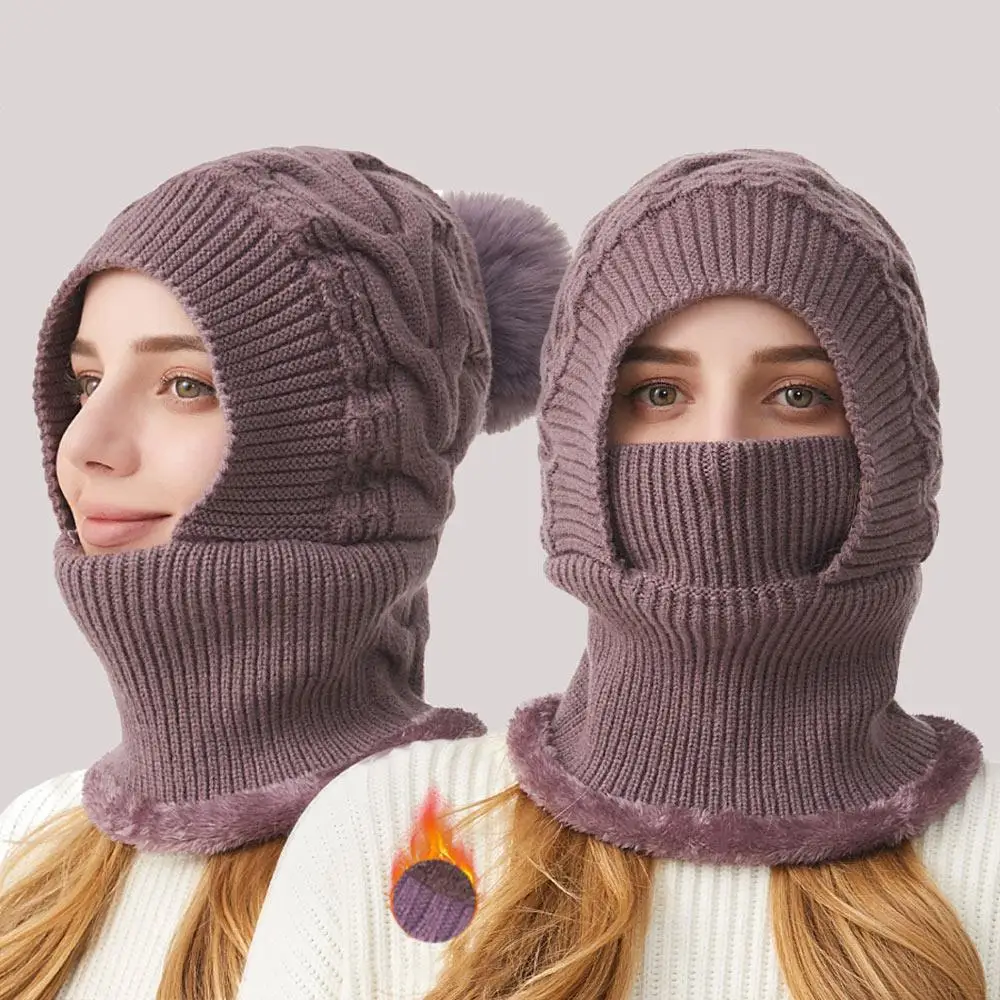 Trendy 3 in-1 Knitted Beanie Hat Fleece Lined Slouchy Hooded Neck Gaiter and Mask One Piece Windproof Skiing Hat Set for Women