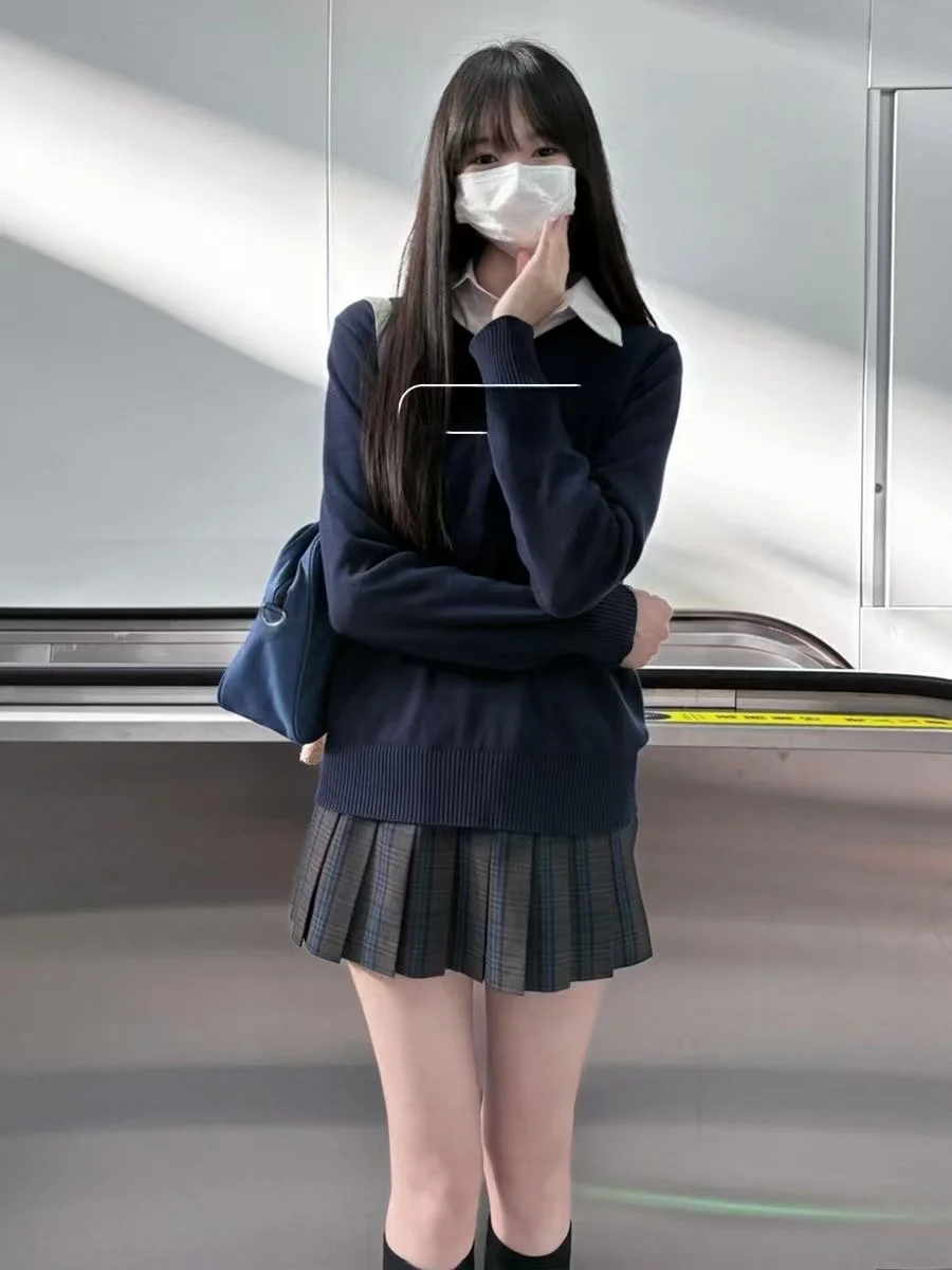 

Autumn Winter JK Uniform Set Women's Knitted Sweater Hooded One-Piece Student School Uniform Style Long Sleeve Collar Dress
