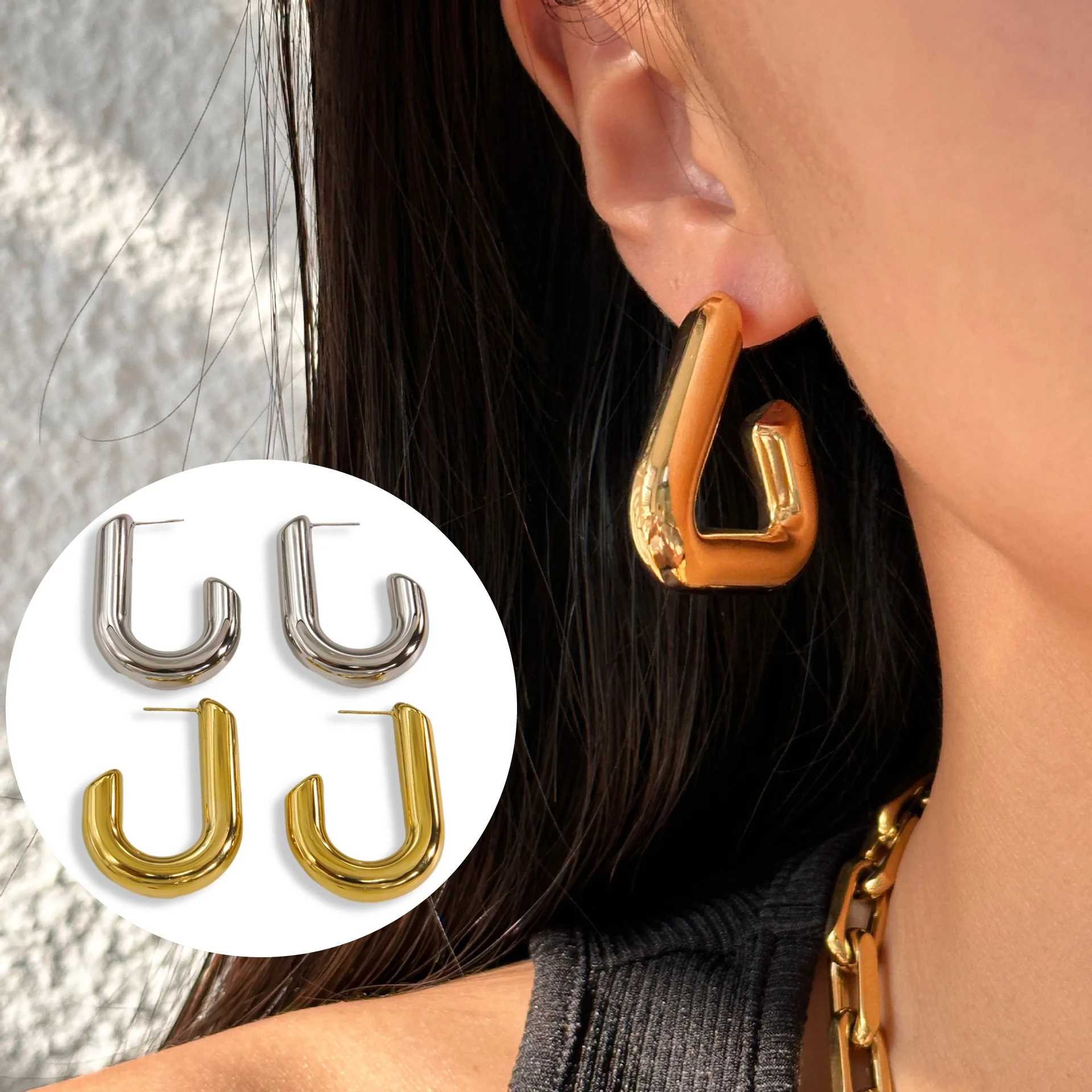 Chunky Stud Earrings Non Tarnish Geometric Jewelry Gold Plated Stainless Steel Hollow Triangle J Shapes Hoop Earrings Women