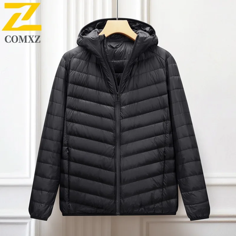 COMXZ Luxurious Men Down Jacket Hooded Commuting Office Ultra Light Puffer Jacket Travel Comfort Windproof Warm Winter Coat