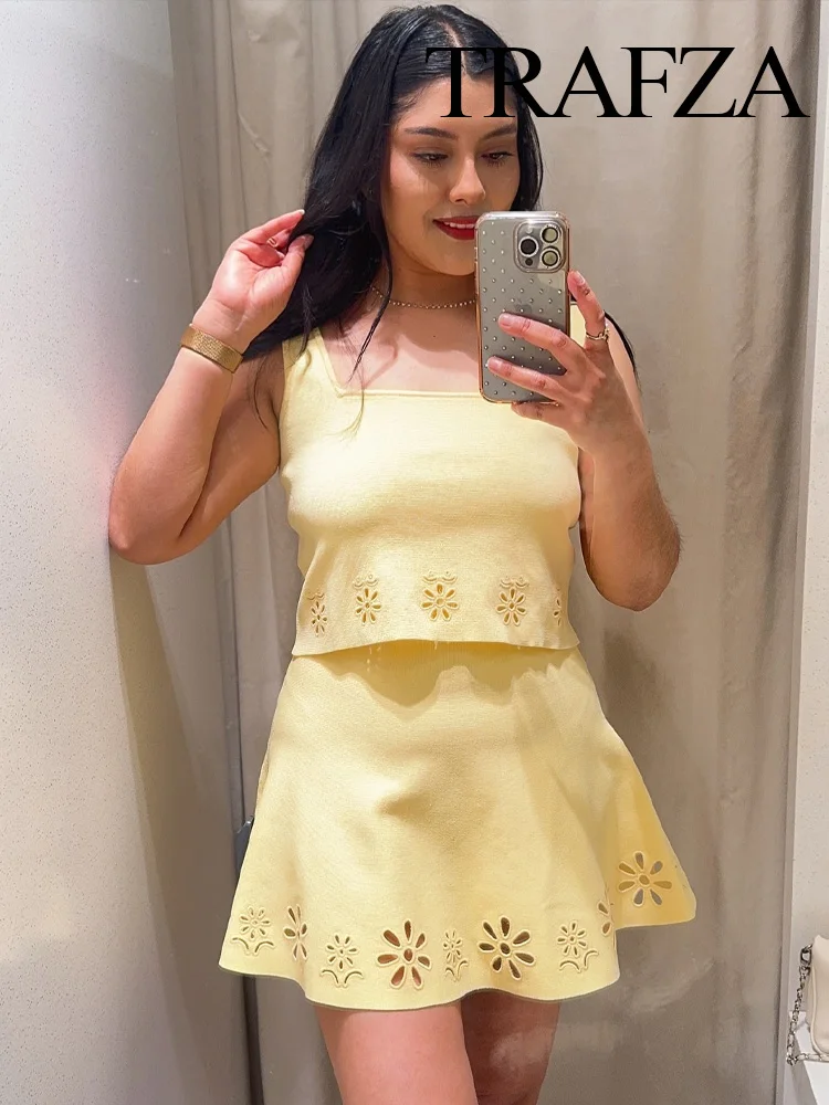 

TRAFZA Women's Summer Fashion Solid Square Collar Wide Shoulder Strap Knitted Top+Chic High Waist Hollow Embroidered Mini Skirt