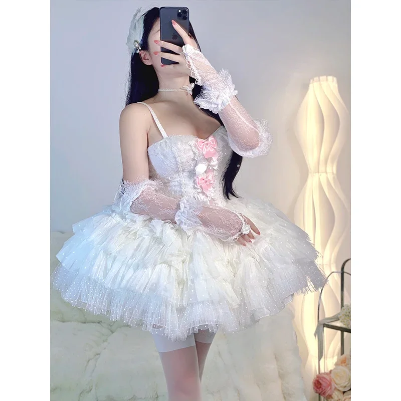 

New Original Japanese Harajuku Cool Girl Fashion Bow Lace White Dress Lolita Temperament Sweet Kawaii Princess Style Dress