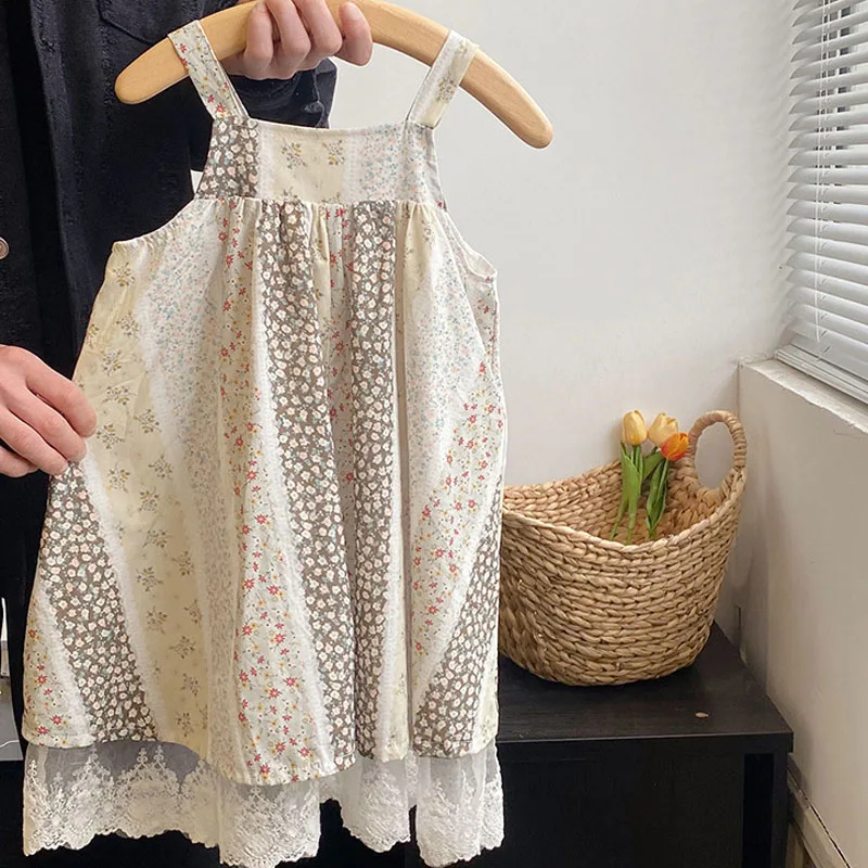 

Kids Temperament Fashionable Lace Dress Summer Girls Dress Countryside Style Children Clothing Girl Baby Floral Suspender Dress