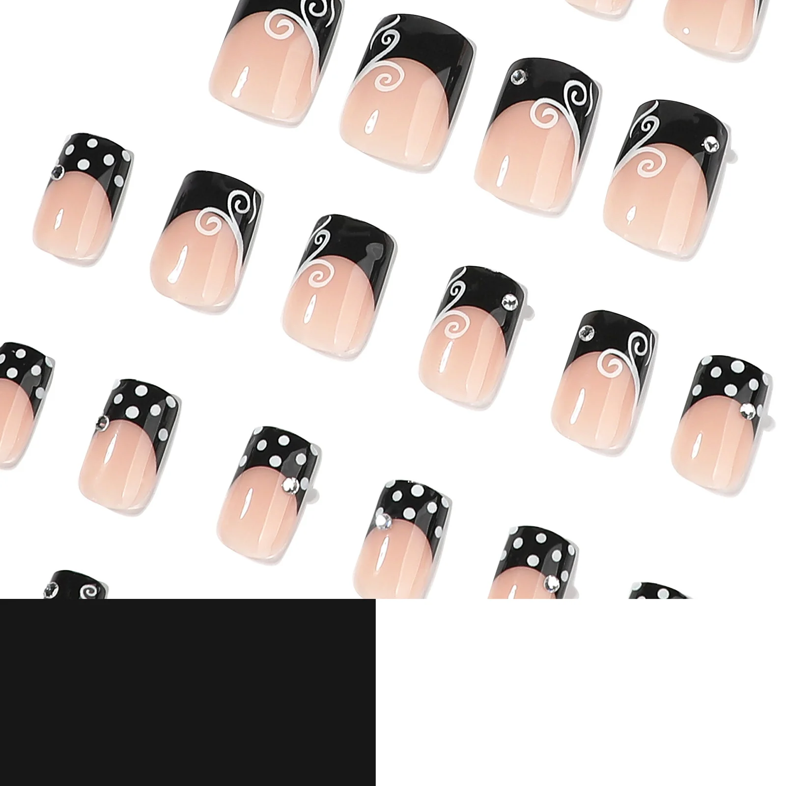 24pcs Simple Black French Style False Nails White Polka Dot Stripes Flash Diamond Decor Press On Nails Short Square Fake Nail