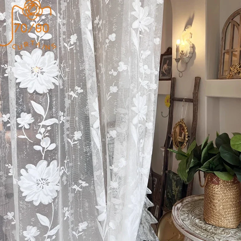 

Customized cream white lace embroidered window screen curtains for living room bedroom french window balcony floating window