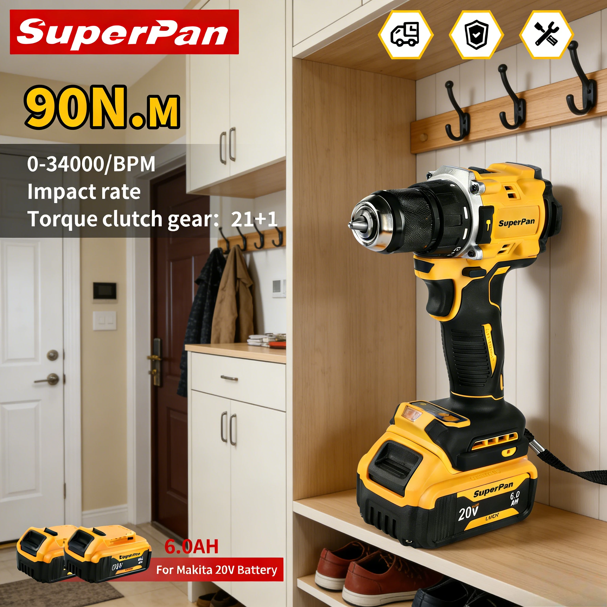 

SuperPan Rechargeable Drill 90Nm 0-2000rpm Tool For Home Renovation Car Repair DIY Project Garden Work For Dewalt 20V Battery
