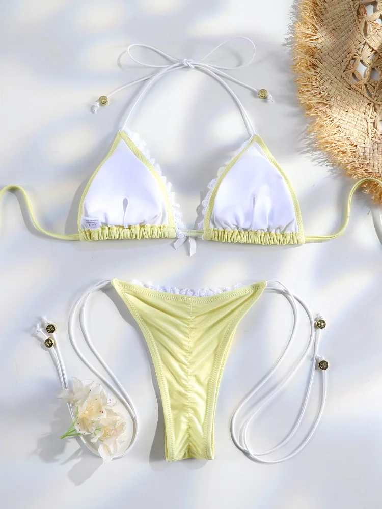 Lace Ruffles Swimsuit Bowknot Bikini Set Solid Swimwear Women 2026 Micro Bqiuni Mujer Pleated Bathing Suit Triangle Beach Wear