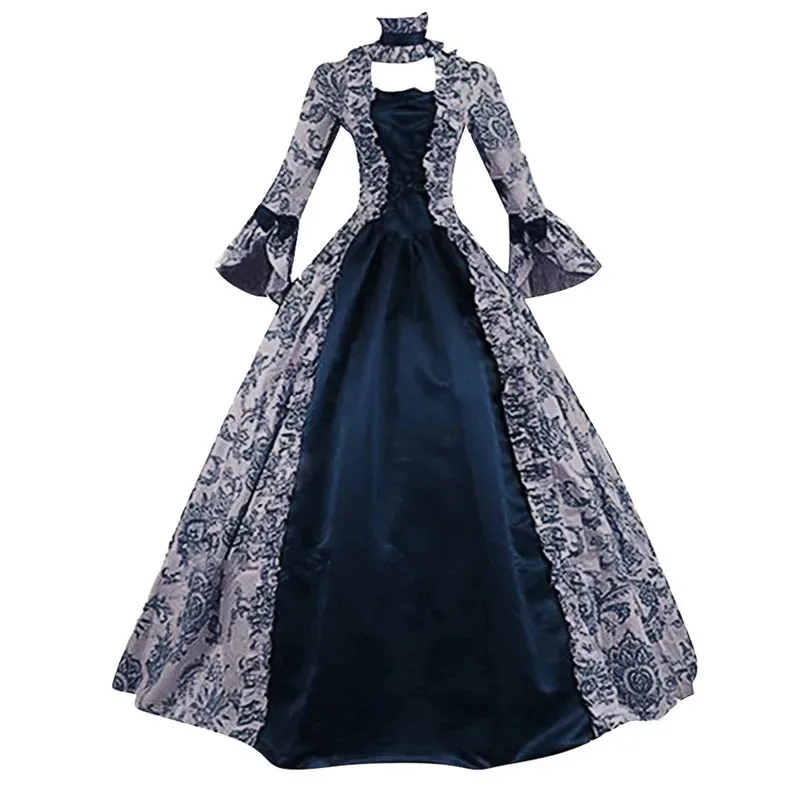 

Women's Tie-up Medieval Retro Printed Royal Court Dress Ruffle Bow Gothic Style Dress Patchwork Large Skirt Female Fairy Clothes