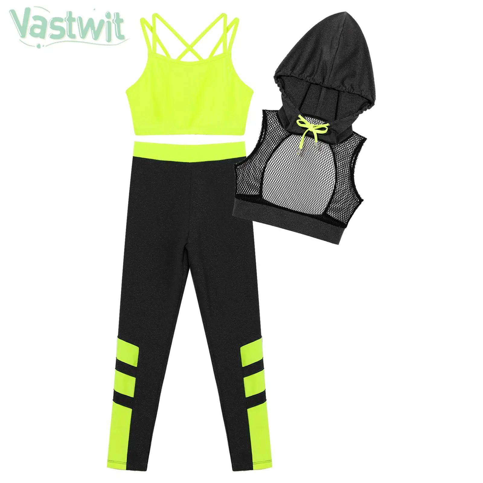 6-16Y Girls Hip Hop Jazz Street Dance Clothes Set Camisole with Mesh Hooded Crop Vest Leggings for Sports Fitness Hiking Cycling