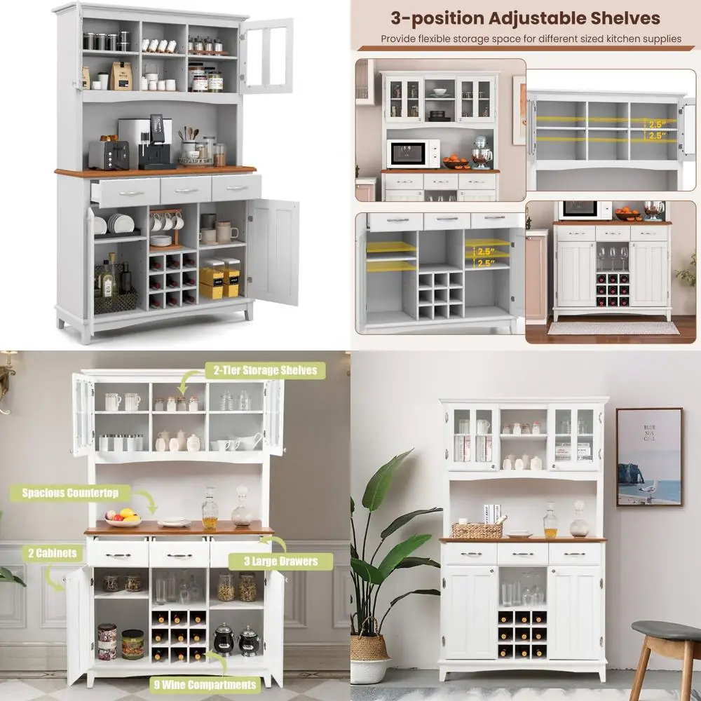 72.5” hutch cabinet with storage, kitchen pantry storage cabinet with microwave countertop, drawers, wine grids,tall kitchen cup