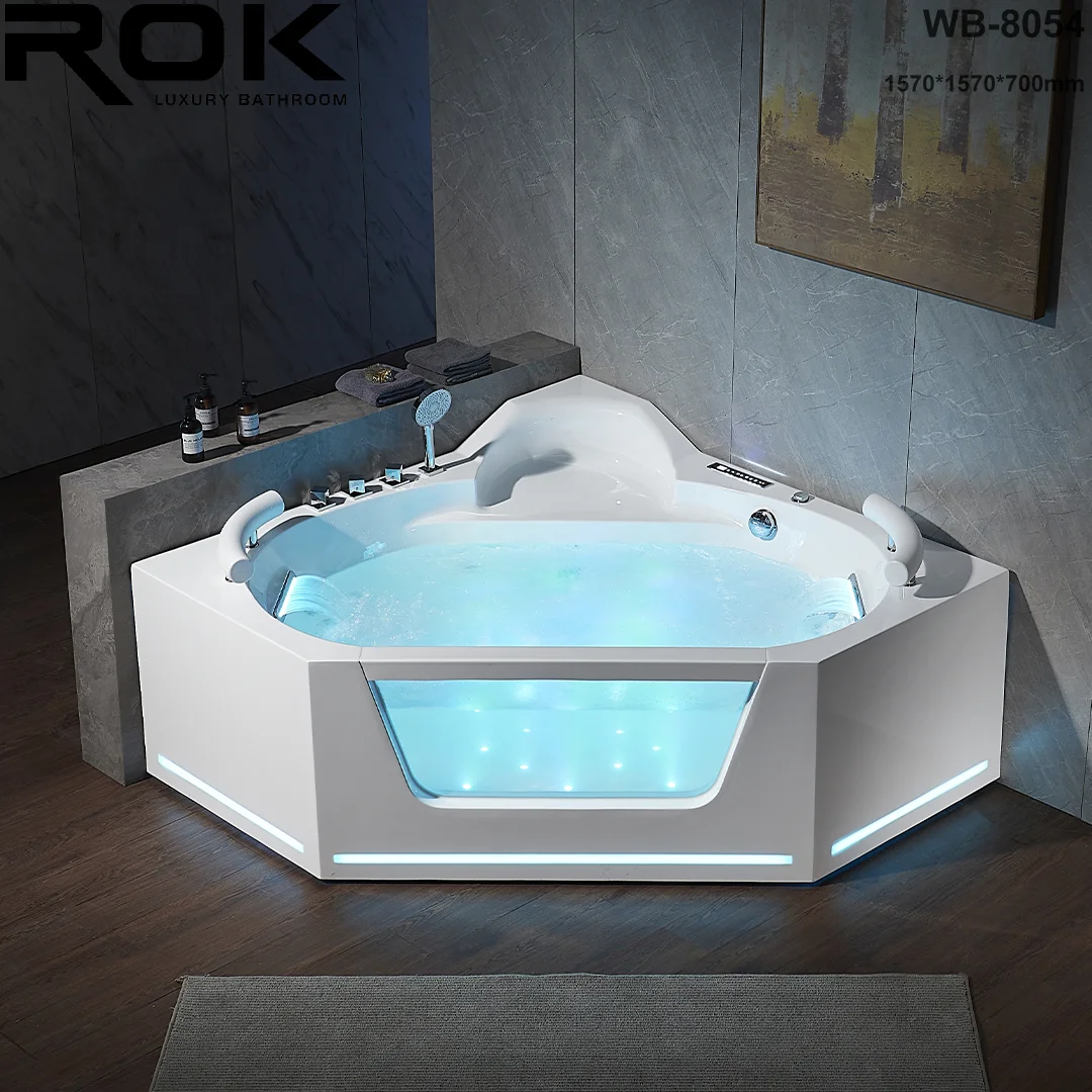 Rokbath WB-8054 New Arrival Acrylic Corner Whirlpools Massage Bathtub Spa Tub With Air Bubble Bluetooth Music