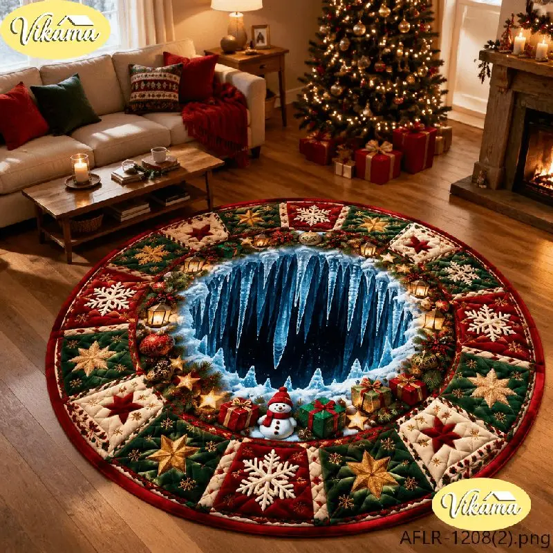 VIKAMA Christmas Round Rug 3D Ice Cave Icicle Snowflake Star Area Rug Living Room Holiday Home Decor Aesthetic Art Large Premium