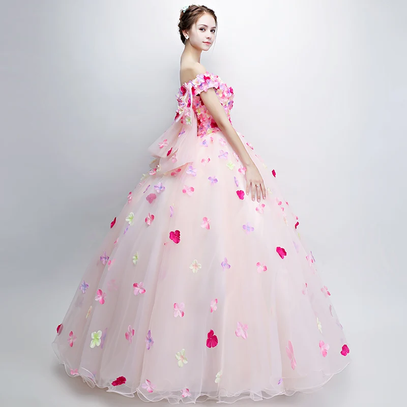 Sparkly Bunte Quinceanera Kleider 2022 3D Blumen Rosa Organza Prinzessin Party Süße 15 Ballkleid weg von der Schulter Realen Foto