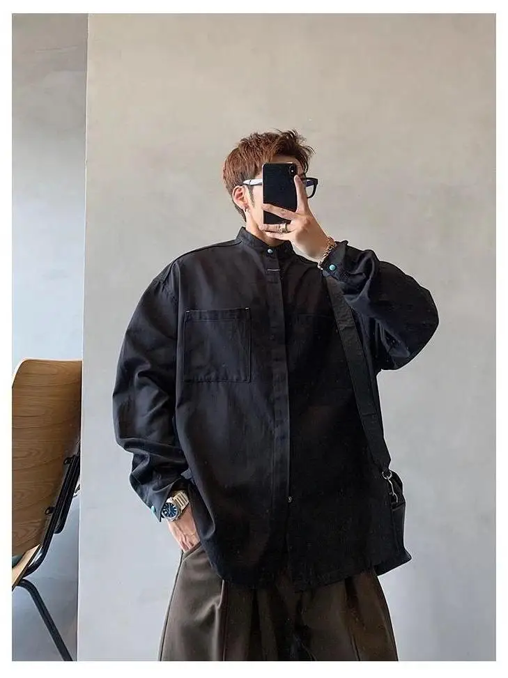 

Ele Long Sve Stand Collar Men's irt Vintage New Chinese Sle Spring Autumn Open Cardigan Top Youth Faion Casual Wear