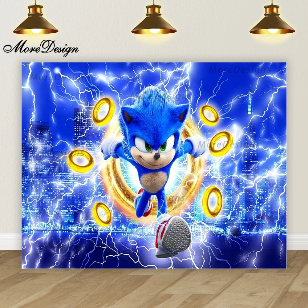 Iluminación Sonic Hedgehog foto telón de fondo niños cumpleaños Banner Baby Shower fiesta decoración dibujos animados vinilo poliéster fondo