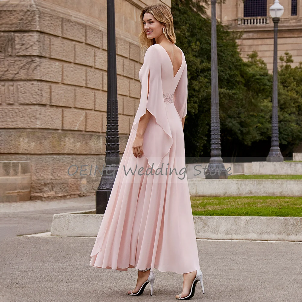 Elegante vestido de Madre de la novia para bodas, cuello redondo rosa, apliques de cuentas, mangas 3/4, largo hasta el tobillo, una línea, vestido de invitados de boda