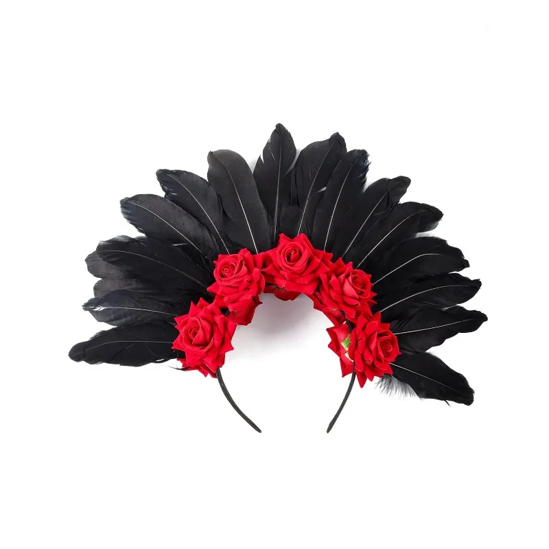 Women Day of the Dead Flower feather Crown Festival Headband Rose Mexican Floral Headpiece Gothic Bridal Headband for Halloween