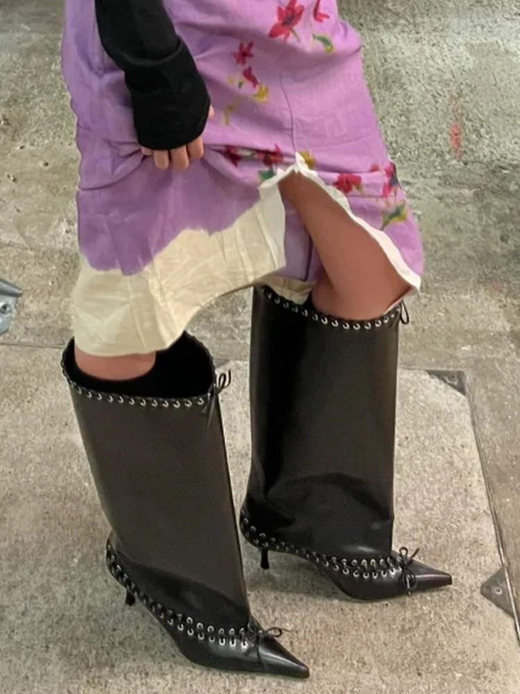 Botas puntiagudas Parker cordones para mujer, circunferencia grande, tacón aiguille, bottes hautes au genou, nuevo modo, 2025