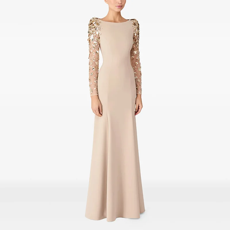 

JDY Custom Women's Long Sleeve Maxi Dress with Sequined Embellished Sheer Sleeves & Boat Neck - Elegant Evening Gown فستان